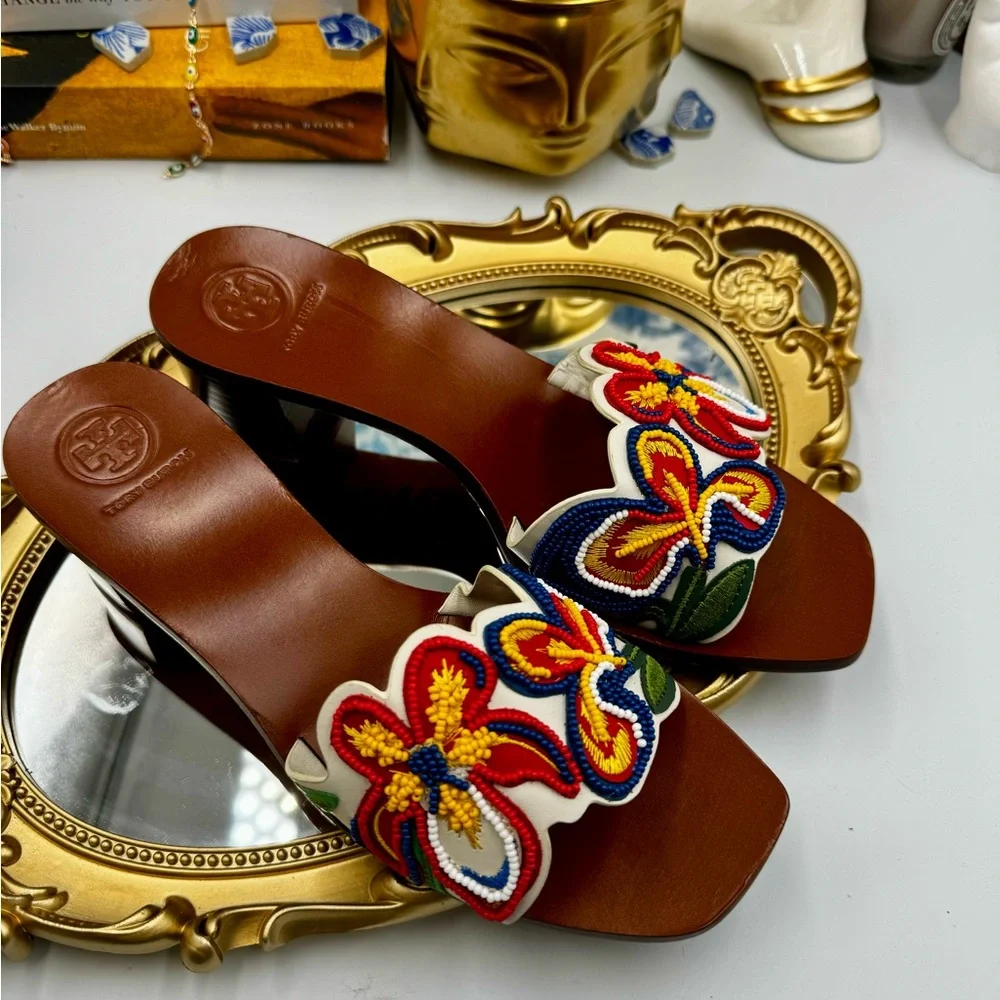 🆕 TORY BURCH 🧿 NWOB Bianca Floral Bead Embellished Slide Sandal, Sz 6.5